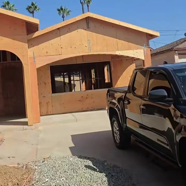 Garage conversion and addition in Costa Mesa with new framing and sheathing